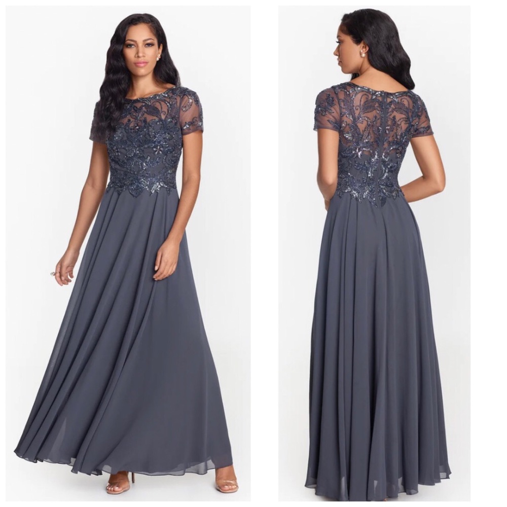 NWT Xscape “Jerri” Beaded Short Sleeve Chiffon Gown Charcoal, size 6 and 8